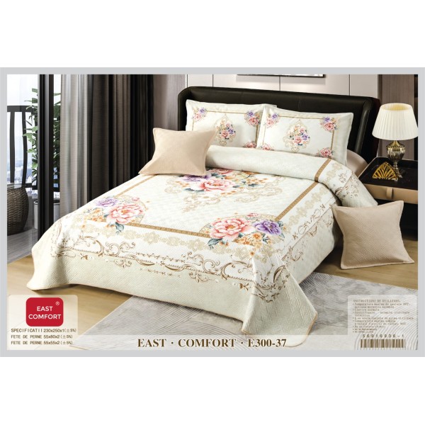 Cuvertura de Pat din Catifea Imprimata cu 4 Fete de Perna-E300-037 Cuvertura de Pat din Catifea Imprimata cu 4 Fete de Perna-E300-037