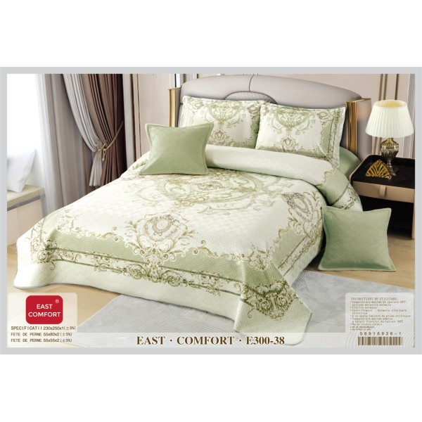 Cuvertura de Pat din Catifea Imprimata cu 4 Fete de Perna-E300-038 Cuvertura de Pat din Catifea Imprimata cu 4 Fete de Perna-E300-038