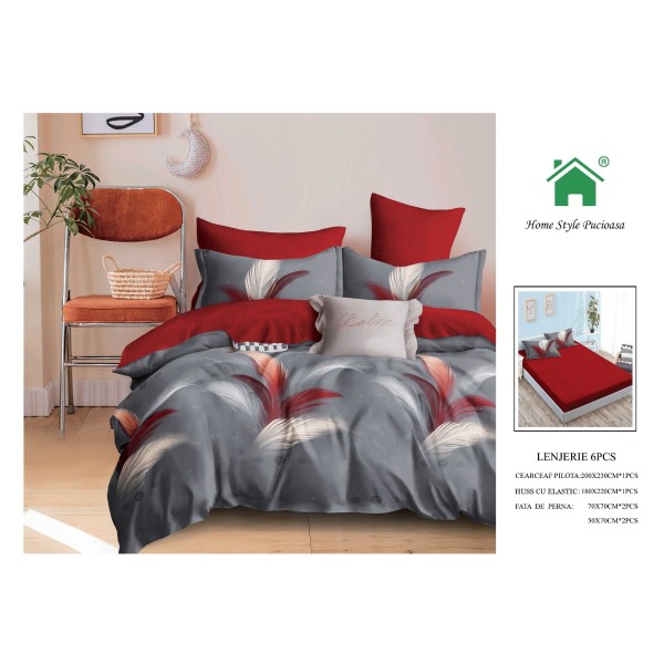 Set Lenjerie Finet, Cearceaf de  Pat cu Elastic, 6 Piese , Pat 2 Persoane, MME02