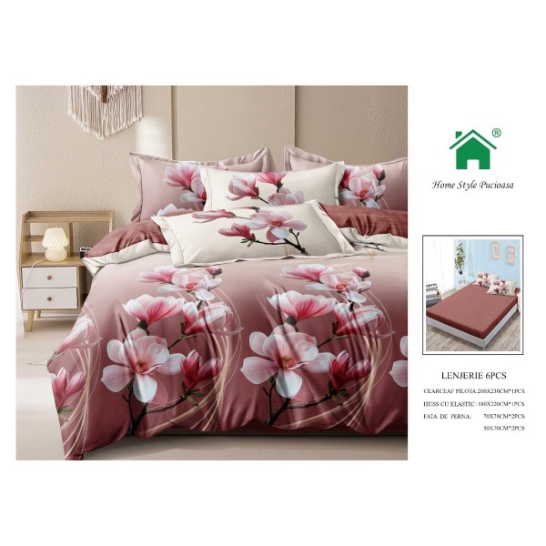 Set Lenjerie Finet, Cearceaf de  Pat cu Elastic, 6 Piese , Pat 2 Persoane, MME13