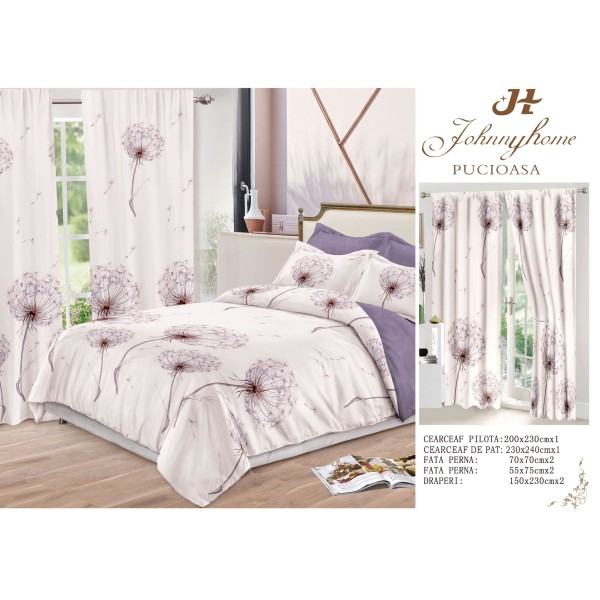 Set Lenjerie de pat Dublu Pucioasa + 2 Draperii , set 8 piese, papadie lila , LDP05