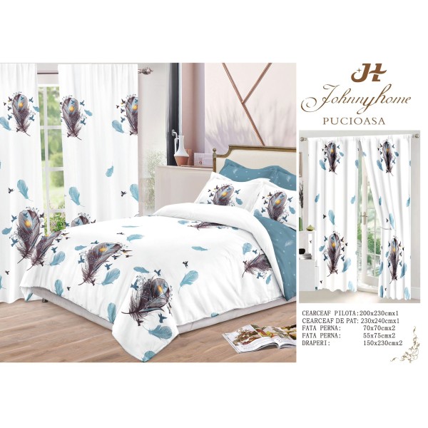 Set Lenjerie de pat Dublu Pucioasa + 2 Draperii , set 8 piese, Pene alb-bleo, LDP03