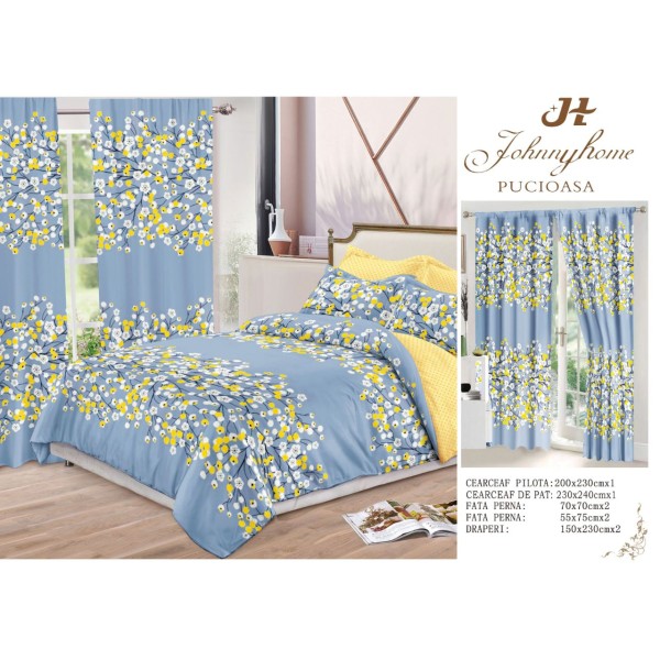Set Lenjerie de pat Dublu Pucioasa + 2 Draperii , set 8 piese, flori galben-bleu , LDP06