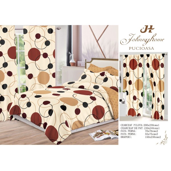 Set Lenjerie de pat Dublu Pucioasa + 2 Draperii , set 8 piese, buline maro-crem , LDP07