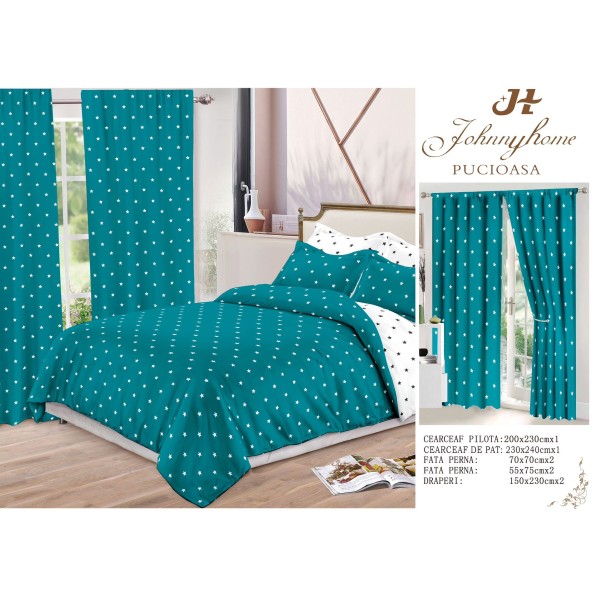 Set Lenjerie de pat Dublu Pucioasa + 2 Draperii , set 8 piese, turqoise stele albe , LDP09