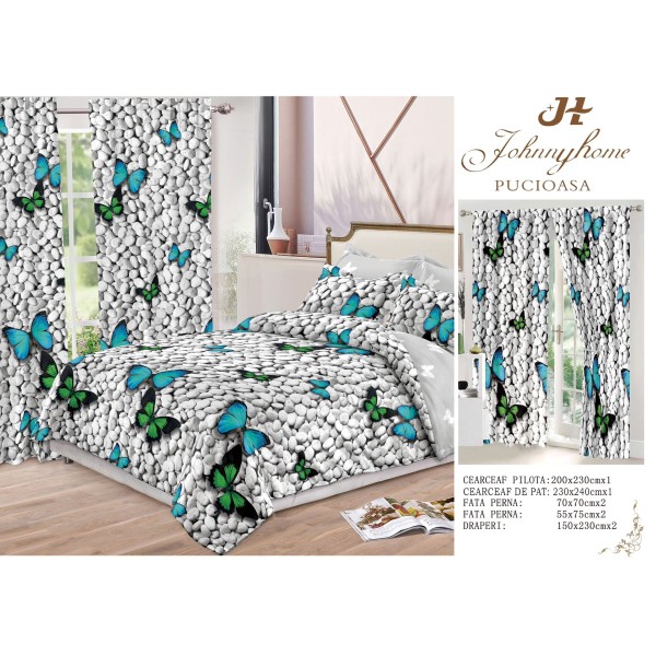 Set Lenjerie de pat Dublu Pucioasa + 2 Draperii , set 8 piese, piatra fluture , LDP10