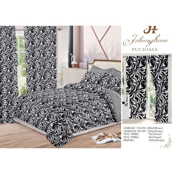 Set Lenjerie de pat Dublu Pucioasa + 2 Draperii , set 8 piese, zebra alb negru gri , LDP11