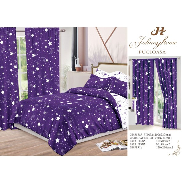Set Lenjerie de pat Dublu Pucioasa + 2 Draperii , set 8 piese, mov stele albe , LDP12
