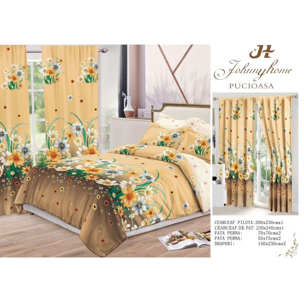 Set Lenjerie de pat Dublu Pucioasa + 2 Draperii , set 8 piese, flori galbene , LDP13