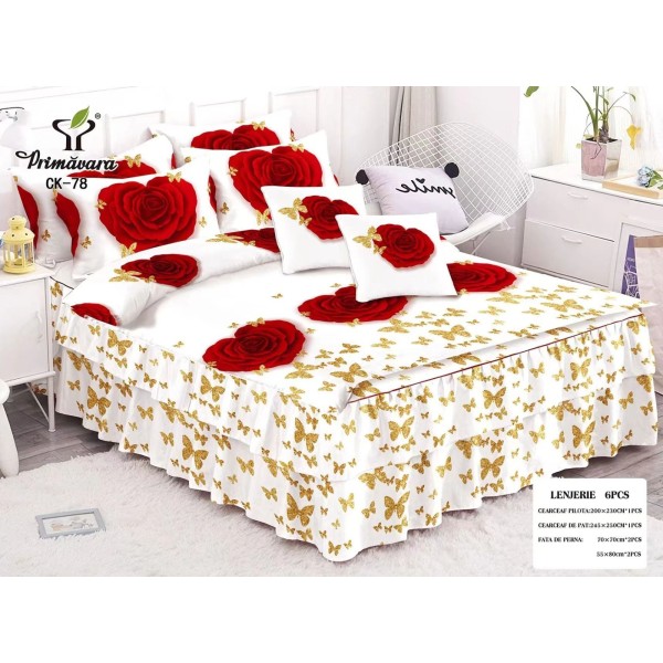 Lenjerie pat dublu, BUMBAC FINET, 6 piese, cu VOLANASE, Primavara,CV3