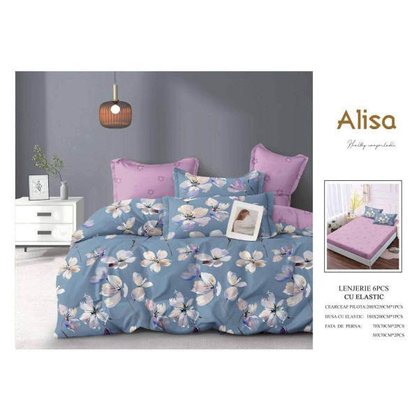 Set Lenjerie Eleganta 6 piese cu elastic din Bumbac Finet, Cearceaf de pat 180x200cm, Pat 2 Persoane, ALI2