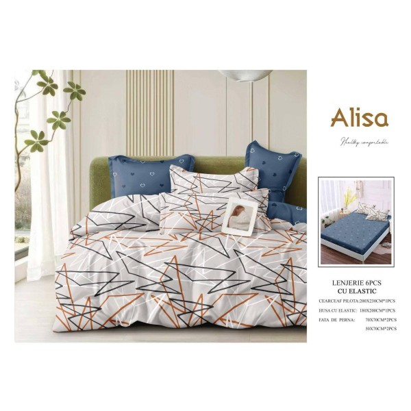 Set Lenjerie Eleganta 6 piese cu elastic din Bumbac Finet, Cearceaf de pat 180x200cm, Pat 2 Persoane, ALI3