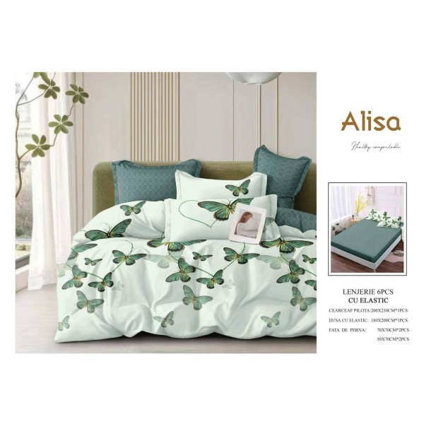 Set Lenjerie Eleganta 6 piese cu elastic din Bumbac Finet, Cearceaf de pat 180x200cm, Pat 2 Persoane, ALI4