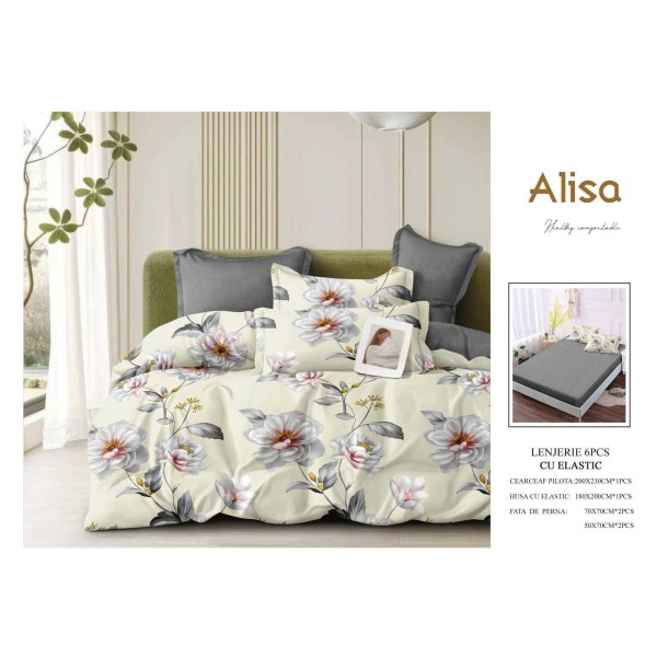 Set Lenjerie Eleganta 6 piese cu elastic din Bumbac Finet, Cearceaf de pat 180x200cm, Pat 2 Persoane, ALI6