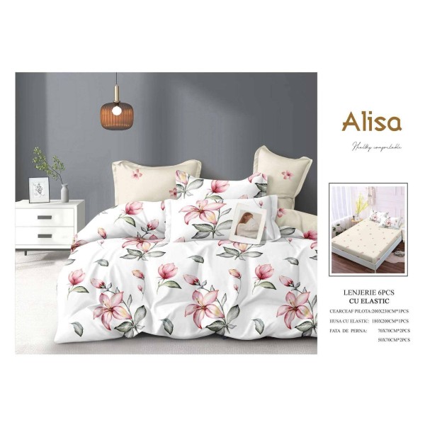 Set Lenjerie Eleganta 6 piese cu elastic din Bumbac Finet, Cearceaf de pat 180x200cm, Pat 2 Persoane, ALI7