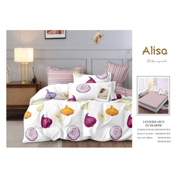 Set Lenjerie Eleganta 6 piese cu elastic din Bumbac Finet, Cearceaf de pat 180x200cm, Pat 2 Persoane, ALI10