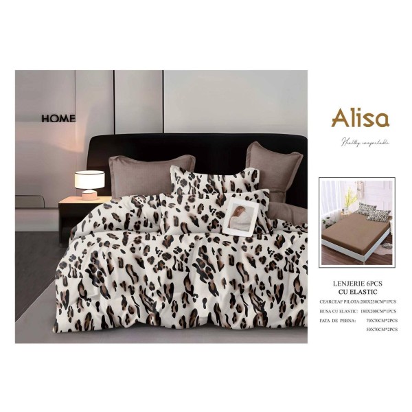 Set Lenjerie Eleganta 6 piese cu elastic din Bumbac Finet, Cearceaf de pat 180x200cm, Pat 2 Persoane, ALI11