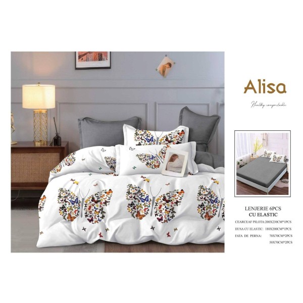 Set Lenjerie Eleganta 6 piese cu elastic din Bumbac Finet, Cearceaf de pat 180x200cm, Pat 2 Persoane, ALI15