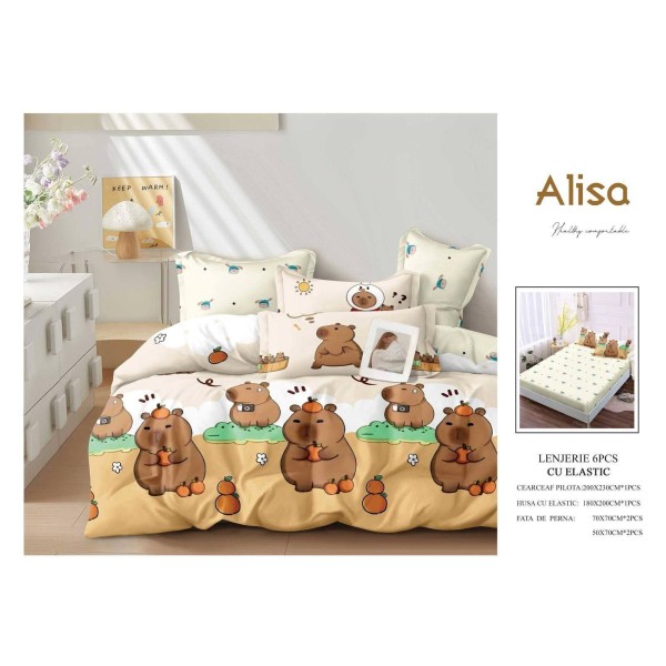 Set Lenjerie Eleganta 6 piese cu elastic din Bumbac Finet, Cearceaf de pat 180x200cm, Pat 2 Persoane, ALI16