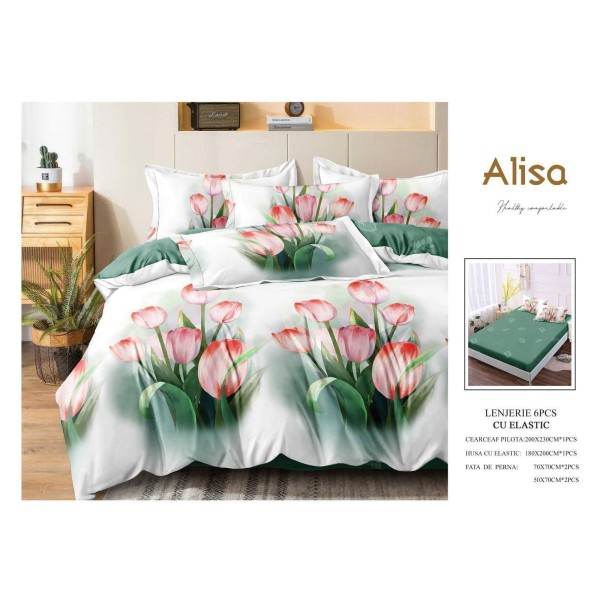 Set Lenjerie Eleganta 6 piese cu elastic din Bumbac Finet, Cearceaf de pat 180x200cm, Pat 2 Persoane, ALI17