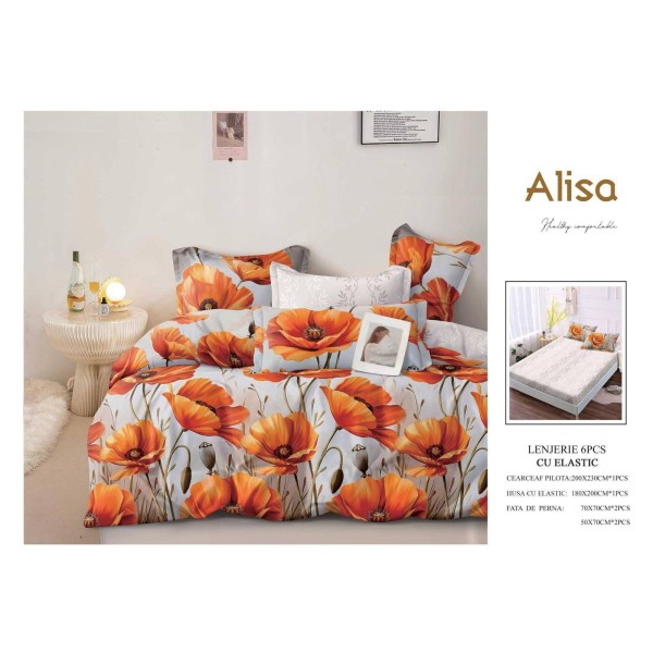 Set Lenjerie Eleganta 6 piese cu elastic din Bumbac Finet, Cearceaf de pat 180x200cm, Pat 2 Persoane, ALI18