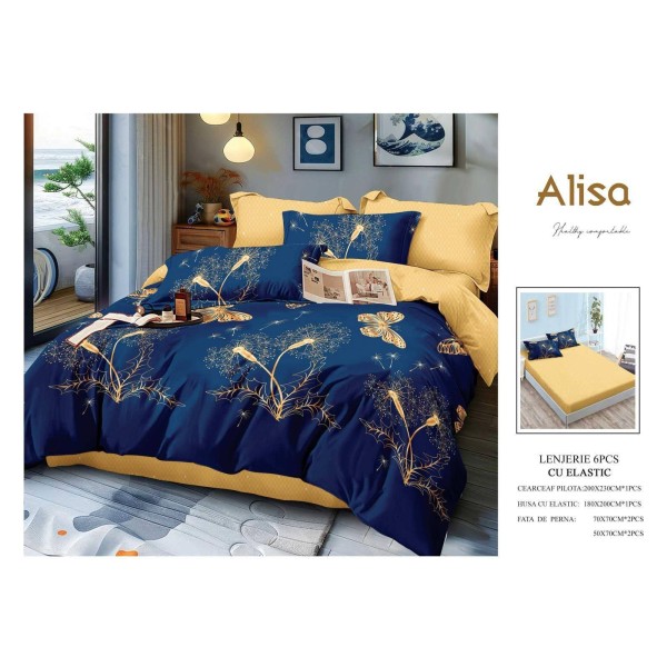 Set Lenjerie Eleganta 6 piese cu elastic din Bumbac Finet, Cearceaf de pat 180x200cm, Pat 2 Persoane, ALI22