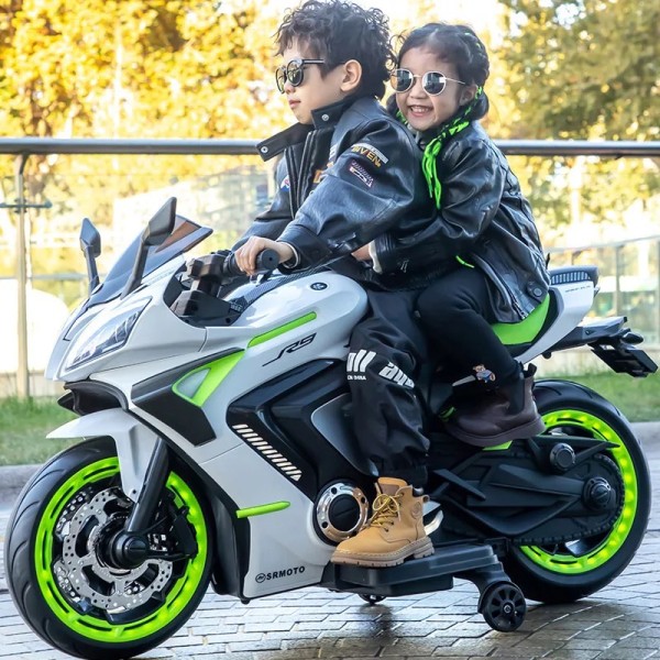 Motocicleta electrica copii, cu 2 locuri, 2 motoare, pornire la cheie, Verde Fluorescent  JM-3188