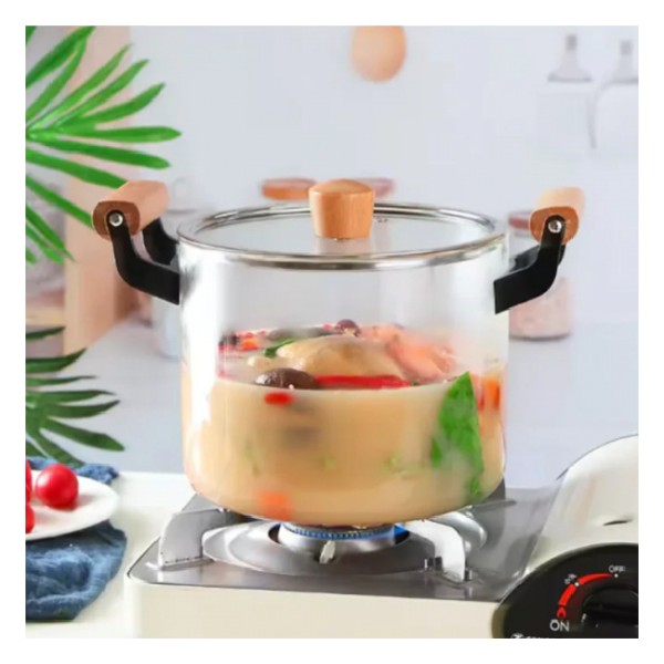 Oala Sticla Borosilicata - 2,5 litri, Termorezistenta, Transparenta, cu Capac si Maner din lemn, pentru Gatire si Servire CSB3