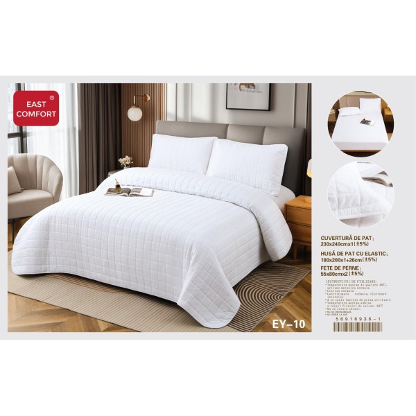 Cuvertură Pat Dublu, 4 Piese, Bumbac 100%, HUSA cu ELASTIC , matlasata -Calitate Premium,230x240 cm, EY10 Cuvertură Pat Dublu, 4 Piese, Bumbac 100%, HUSA cu ELASTIC , matlasata -Calitate Premium,230x240 cm, EY10