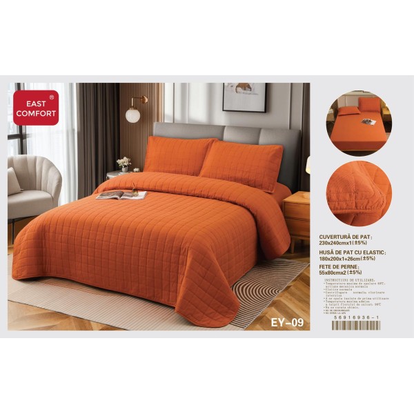 Cuvertură Pat Dublu, 4 Piese, Bumbac 100%, HUSA cu ELASTIC , matlasata -Calitate Premium,230x240 cm, EY9 Cuvertură Pat Dublu, 4 Piese, Bumbac 100%, HUSA cu ELASTIC , matlasata -Calitate Premium,230x240 cm, EY9