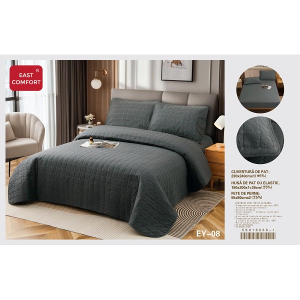 Cuvertură Pat Dublu, 4 Piese, Bumbac 100%, HUSA cu ELASTIC , matlasata -Calitate Premium,230x240 cm, EY8 Cuvertură Pat Dublu, 4 Piese, Bumbac 100%, HUSA cu ELASTIC , matlasata -Calitate Premium,230x240 cm, EY8