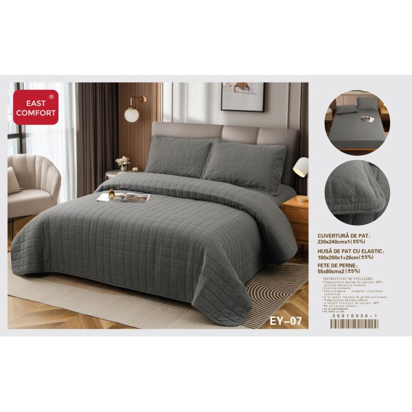 Cuvertură Pat Dublu, 4 Piese, Bumbac 100%, HUSA cu ELASTIC , matlasata -Calitate Premium,230x240 cm, EY7 Cuvertură Pat Dublu, 4 Piese, Bumbac 100%, HUSA cu ELASTIC , matlasata -Calitate Premium,230x240 cm, EY7