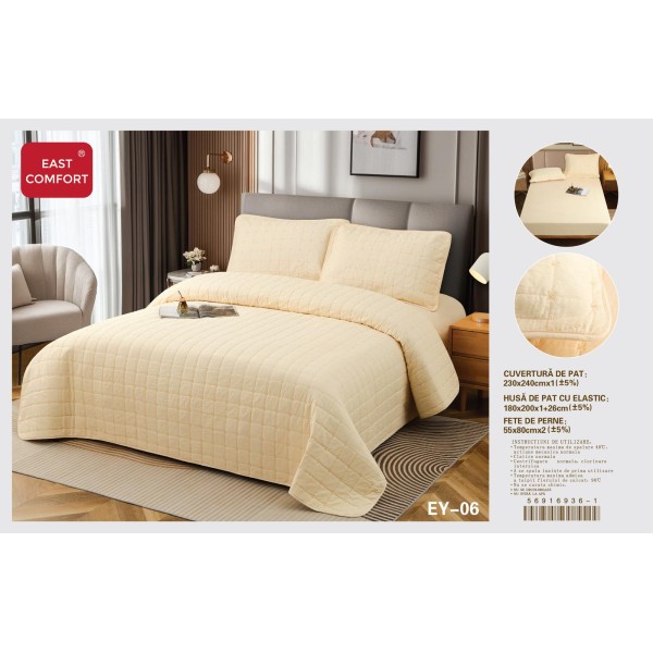 Cuvertură Pat Dublu, 4 Piese, Bumbac 100%, HUSA cu ELASTIC , matlasata -Calitate Premium,230x240 cm, EY6 Cuvertură Pat Dublu, 4 Piese, Bumbac 100%, HUSA cu ELASTIC , matlasata -Calitate Premium,230x240 cm, EY6