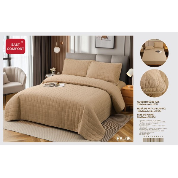 Cuvertură Pat Dublu, 4 Piese, Bumbac 100%, HUSA cu ELASTIC , matlasata -Calitate Premium,230x240 cm, EY5 Cuvertură Pat Dublu, 4 Piese, Bumbac 100%, HUSA cu ELASTIC , matlasata -Calitate Premium,230x240 cm, EY5