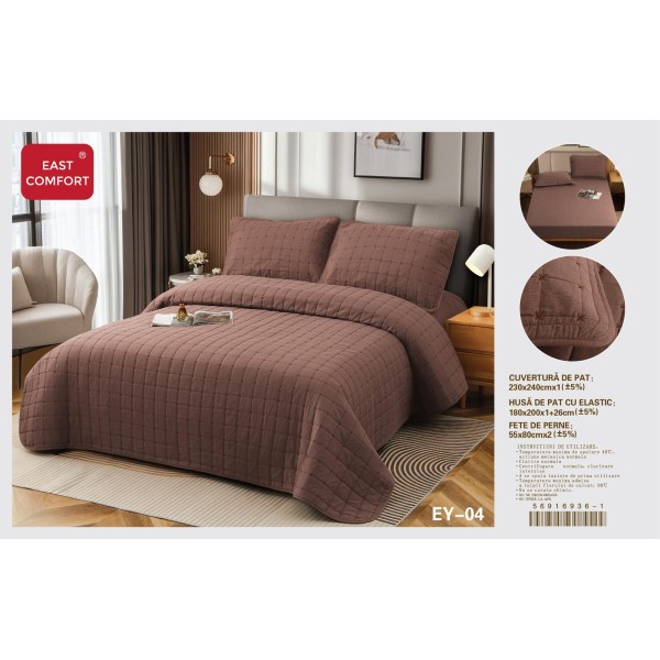 Cuvertură Pat Dublu, 4 Piese, Bumbac 100%, HUSA cu ELASTIC , matlasata -Calitate Premium,230x240 cm, EY4 Cuvertură Pat Dublu, 4 Piese, Bumbac 100%, HUSA cu ELASTIC , matlasata -Calitate Premium,230x240 cm, EY4