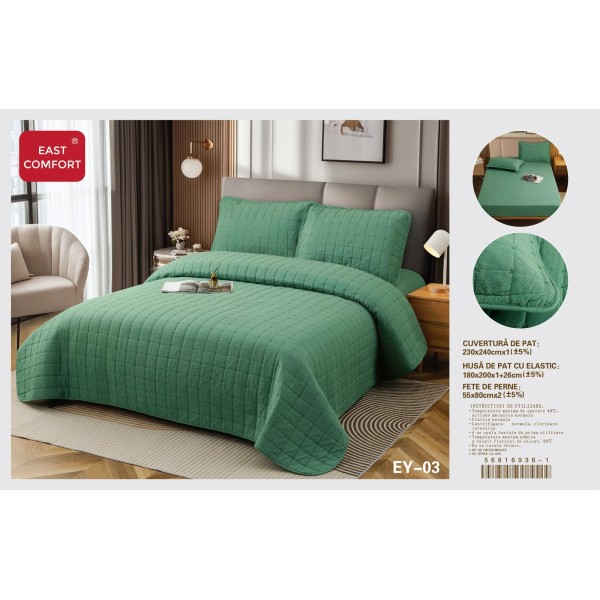Cuvertură Pat Dublu, 4 Piese, Bumbac 100%, HUSA cu ELASTIC , matlasata -Calitate Premium,230x240 cm, EY3 Cuvertură Pat Dublu, 4 Piese, Bumbac 100%, HUSA cu ELASTIC , matlasata -Calitate Premium,230x240 cm, EY3