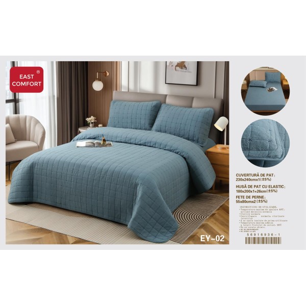 Cuvertură Pat Dublu, 4 Piese, Bumbac 100%, HUSA cu ELASTIC , matlasata -Calitate Premium,230x240 cm, EY2 Cuvertură Pat Dublu, 4 Piese, Bumbac 100%, HUSA cu ELASTIC , matlasata -Calitate Premium,230x240 cm, EY2