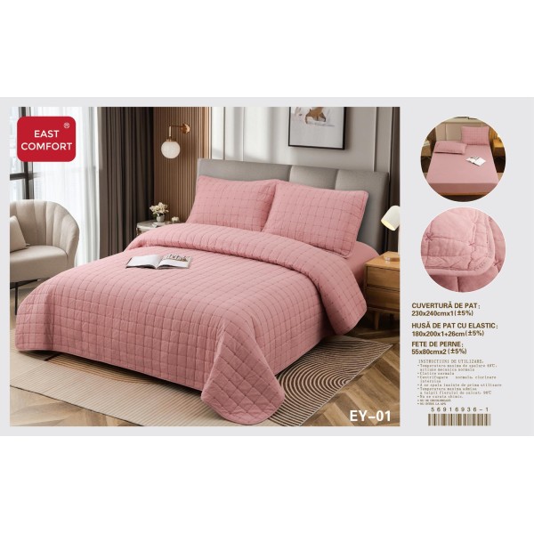Cuvertură Pat Dublu, 4 Piese, Bumbac 100%, HUSA cu ELASTIC , matlasata -Calitate Premium,230x240 cm, EY1 Cuvertură Pat Dublu, 4 Piese, Bumbac 100%, HUSA cu ELASTIC , matlasata -Calitate Premium,230x240 cm, EY1