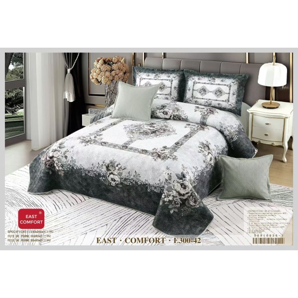 Cuvertura de Pat din Catifea Imprimata cu 4 Fete de Perna-E300-042 Cuvertura de Pat din Catifea Imprimata cu 4 Fete de Perna-E300-042