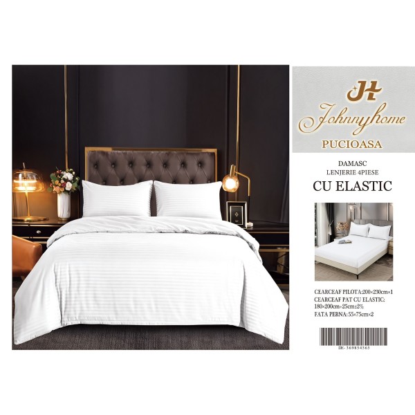 Set Lenjerie Eleganta pentru pat dublu din Damasc, Cearceaf cu Elastic, 4 piese,180x200cm, DME3