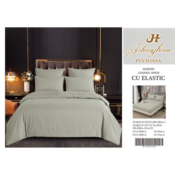 Set Lenjerie Eleganta Damasc din 6 piese cu elestic, Cearceaf de pat 180x200cm, LDM6PE1