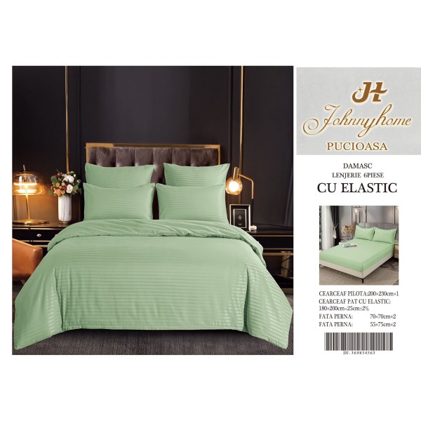 Set Lenjerie Eleganta Damasc din 6 piese cu elestic, Cearceaf de pat 180x200cm, LDM6PE2