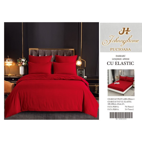 Set Lenjerie Eleganta Damasc din 6 piese cu elestic, Cearceaf de pat 180x200cm, LDM6PE3
