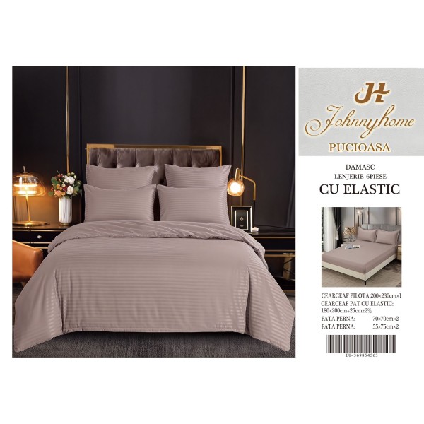 Set Lenjerie Eleganta Damasc din 6 piese cu elestic, Cearceaf de pat 180x200cm, LDM6PE10