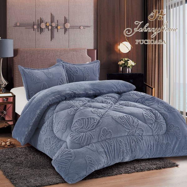 Pilota Cocolino gofrat 3D fluturi, cu blanita asortata, 200x230cm si 2 fete de perna 50x70cm,GRI ALBASTRUI  ,PFM5