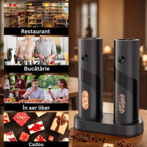 Set 2 rasnite electrice pentru sare si piper, Reincarcabile, Cablu USB, lumina LED, Perie curatare, Stand pentru incarcare sd1