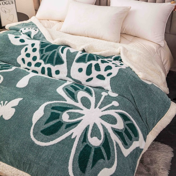 Pătură Cocolino 3D cu Blăniță – Moale, Călduroasă și Elegantă, Imprimeu Fluture, 200×230 cm-Verde PBFJ4