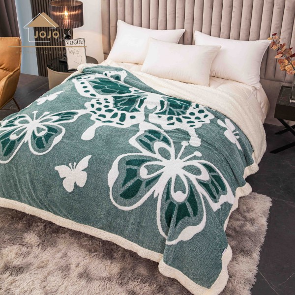 Pătură Cocolino 3D cu Blăniță – Moale, Călduroasă și Elegantă, Imprimeu Fluture, 200×230 cm-Verde PBFJ4