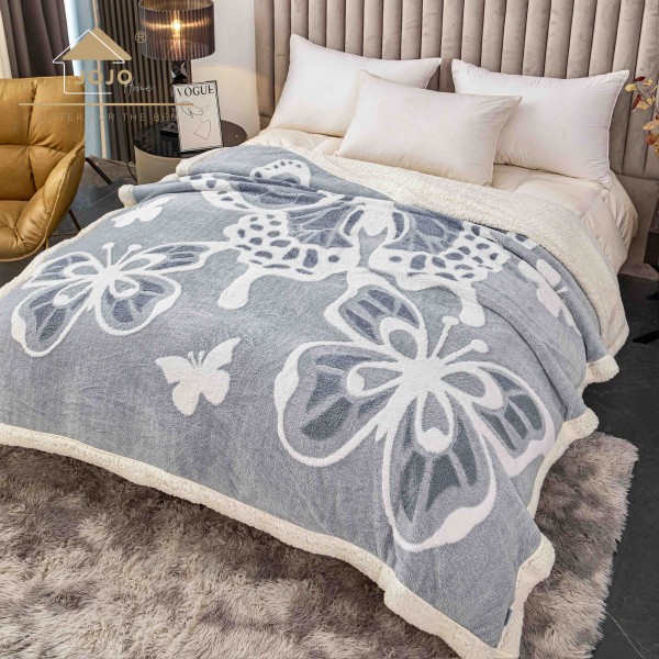 Pătură Cocolino 3D cu Blăniță – Moale, Călduroasă și Elegantă, Imprimeu Fluture, 200×230 cm-Gri PBFJ7