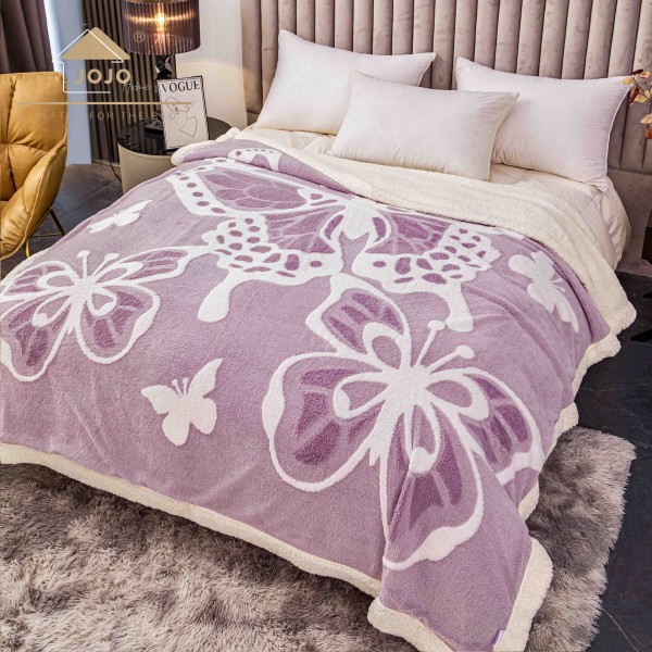 Pătură Cocolino 3D cu Blăniță – Moale, Călduroasă și Elegantă, Imprimeu Fluture, 200×230 cm-Lila PBFJ8